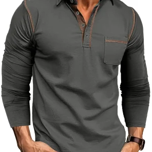 Polo Homme Manches Longues à Col Relevé avec Patte de Boutons et Poches Poitrine Décoratives
