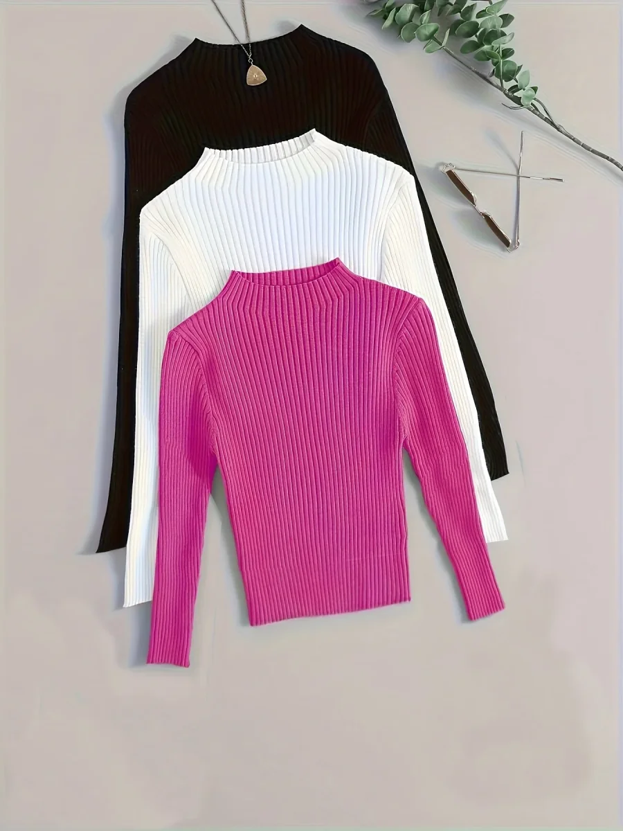 Pull côtelé à col montant pour femme, manches longues - Imagen 9