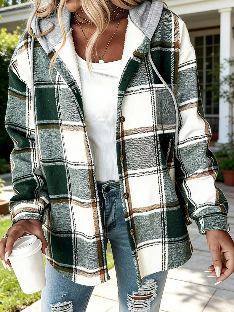 Surchemise Carreaux Femme Capuche Veste Chemise Verte Blanche - Imagen 2