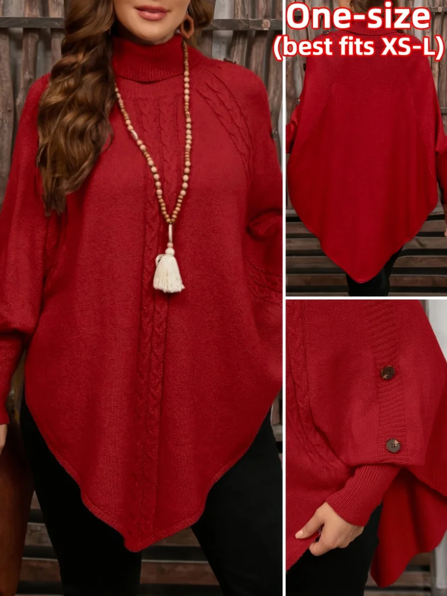 Pull poncho en tricot à col roulé et tresses avec boutons décoratifs pour femme - Imagen 6