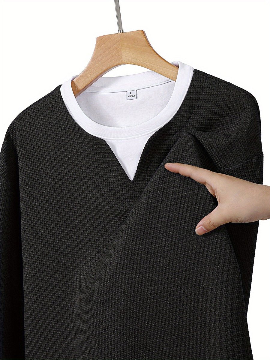 Pull Homme Maille Gaufre Bicolore Col V Manches Longues Gris - Imagen 9