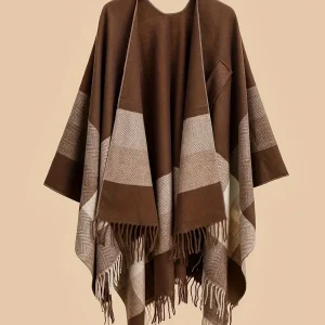 Women's Fringe Trim Open Front Poncho Cape