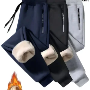 Lot de 3 Pantalons de Survêtement Polaire Homme, Élastique, Doublure Chaude, Poches Zippées, Bleu Marine, Noir et Gris Clair