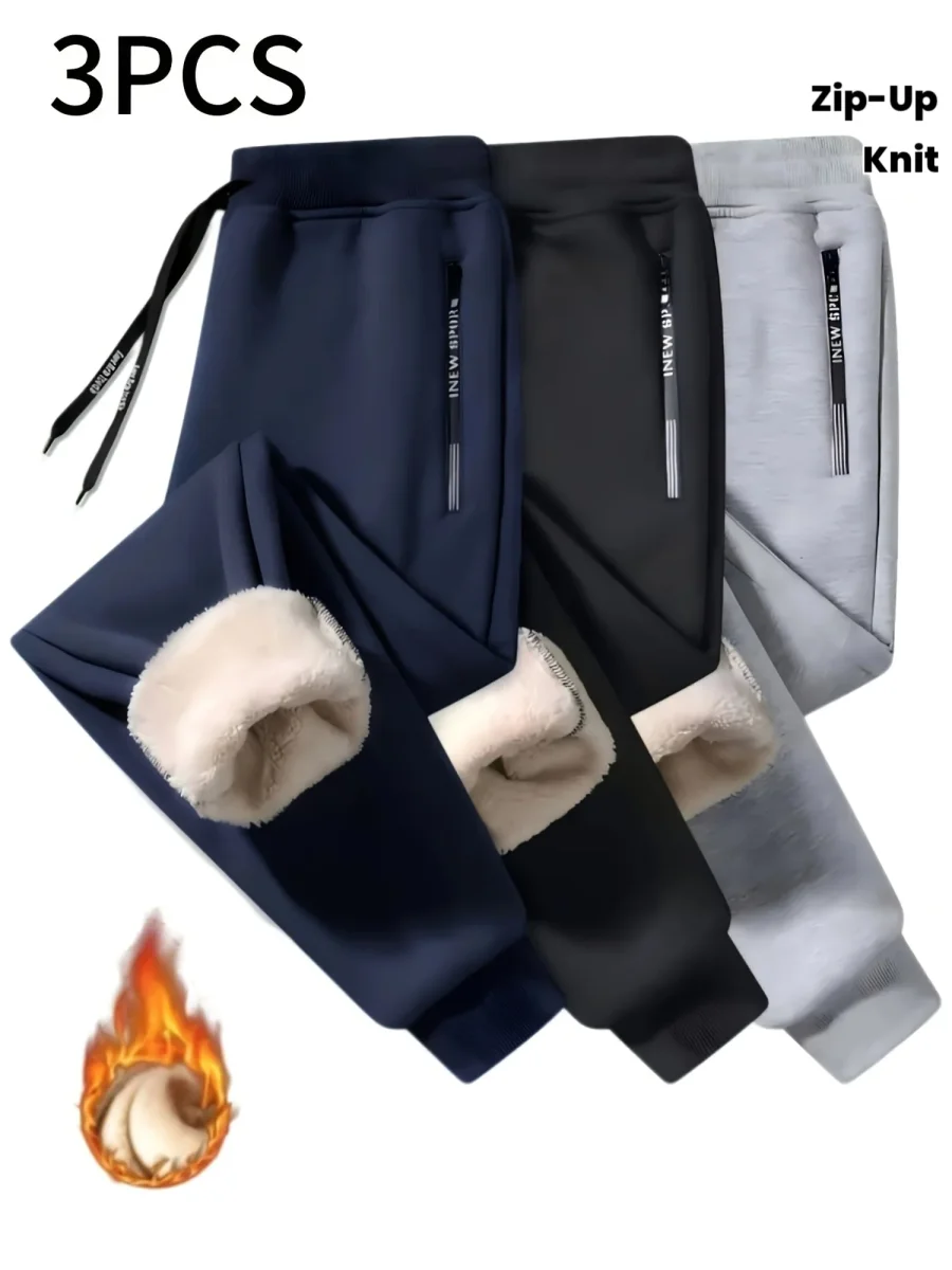 Lot de 3 Pantalons de Survêtement Polaire Homme, Élastique, Doublure Chaude, Poches Zippées, Bleu Marine, Noir et Gris Clair - Imagen 2