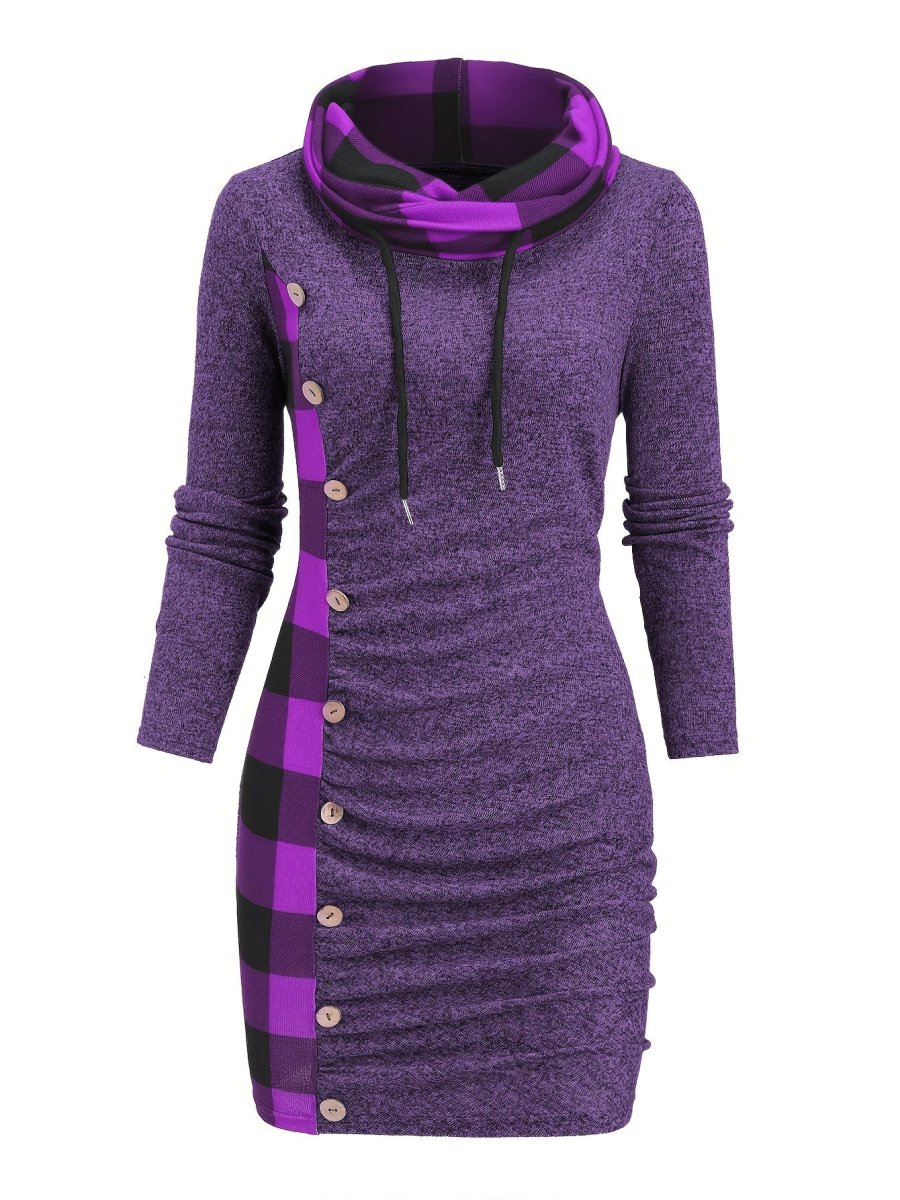 Robe Pull Courte Femme avec Col Cheminée et Motif Carreaux Bicolores - Imagen 3