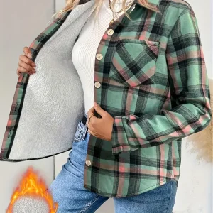 Chemise Veste Femme à Carreaux Doublée Effet Mouton Vert Menthe Rouge