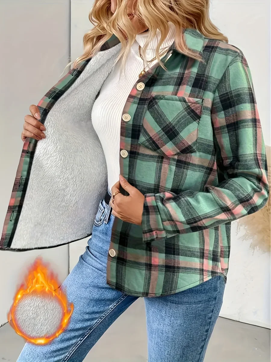 Chemise Veste Femme à Carreaux Doublée Effet Mouton Vert Menthe Rouge - Imagen 2