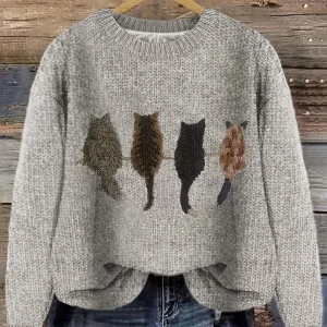 Pull en maille femme col rond à motif chats manches longues