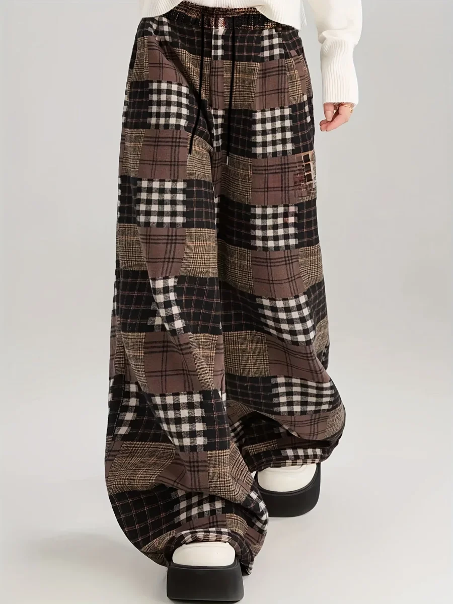 Pantalon large à carreaux style patchwork marron doublé doux - Imagen 4