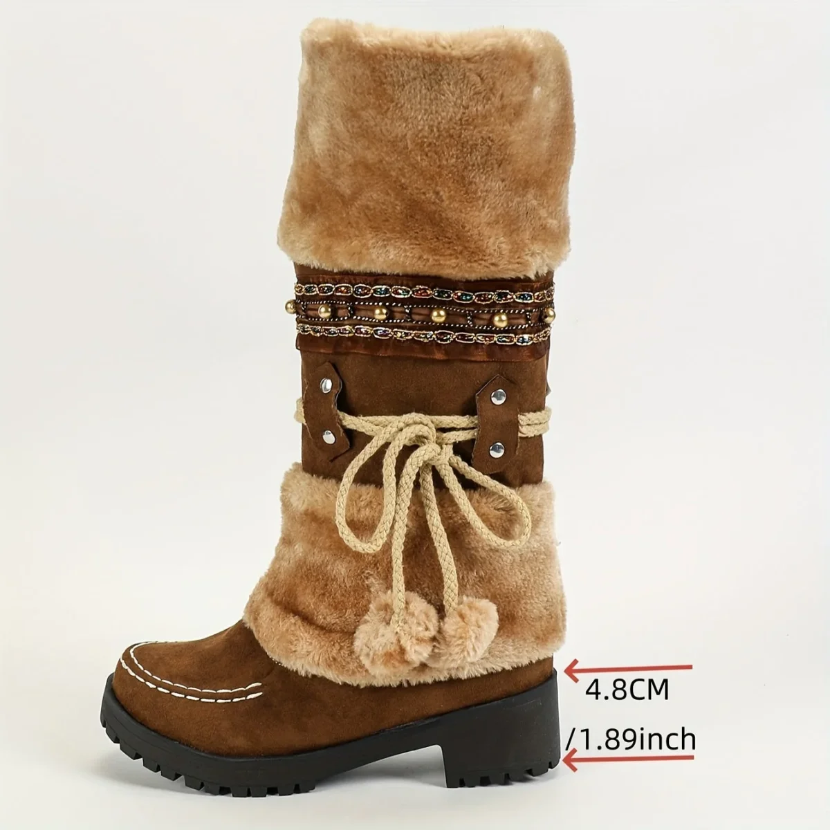 Bottes Femme Mi-Mollet Chaudes Style Ethnique Marron avec Fourrure et Pompons - Imagen 4