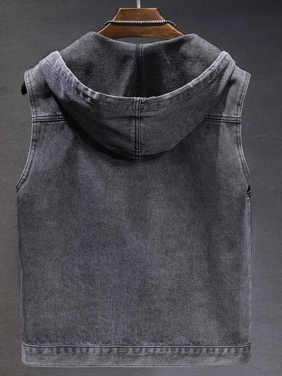 Veste sans manches à capuche pour homme en denim noir délavé - Imagen 4