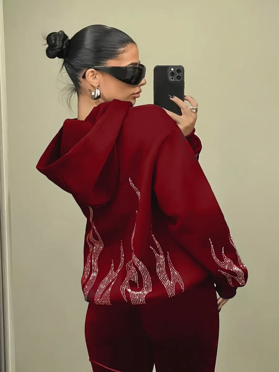 Sweat à Capuche Femme Décontracté Noir Flammé Strass Manches Longues - Imagen 3
