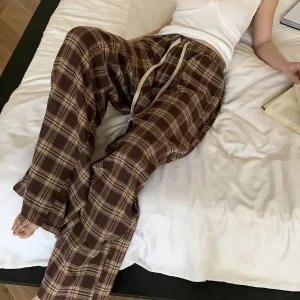 Pantalon de Pyjama Femme Carreaux Marron et Beige Ample avec Cordon