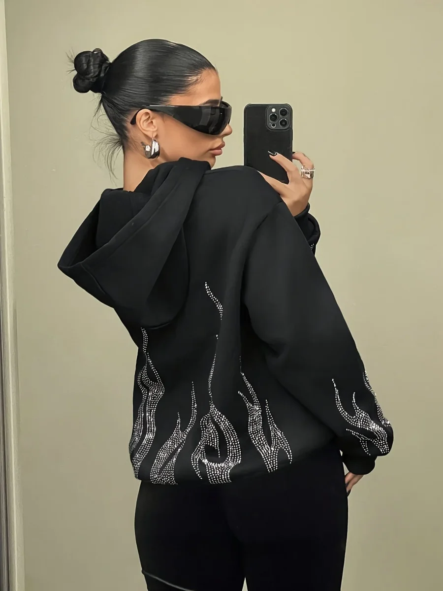 Sweat à Capuche Femme Décontracté Noir Flammé Strass Manches Longues - Imagen 2