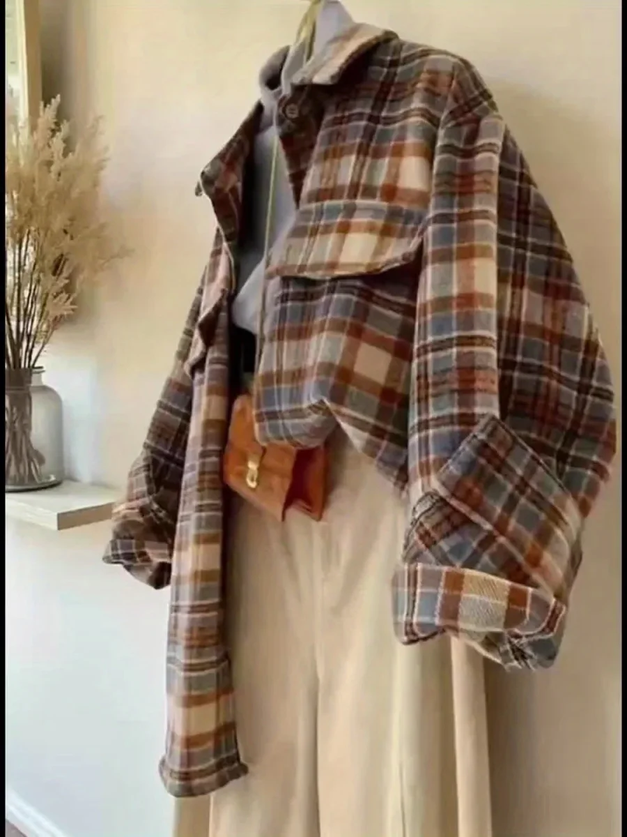 Surchemise à carreaux oversize Femme marron beige bleue décontractée - Imagen 9
