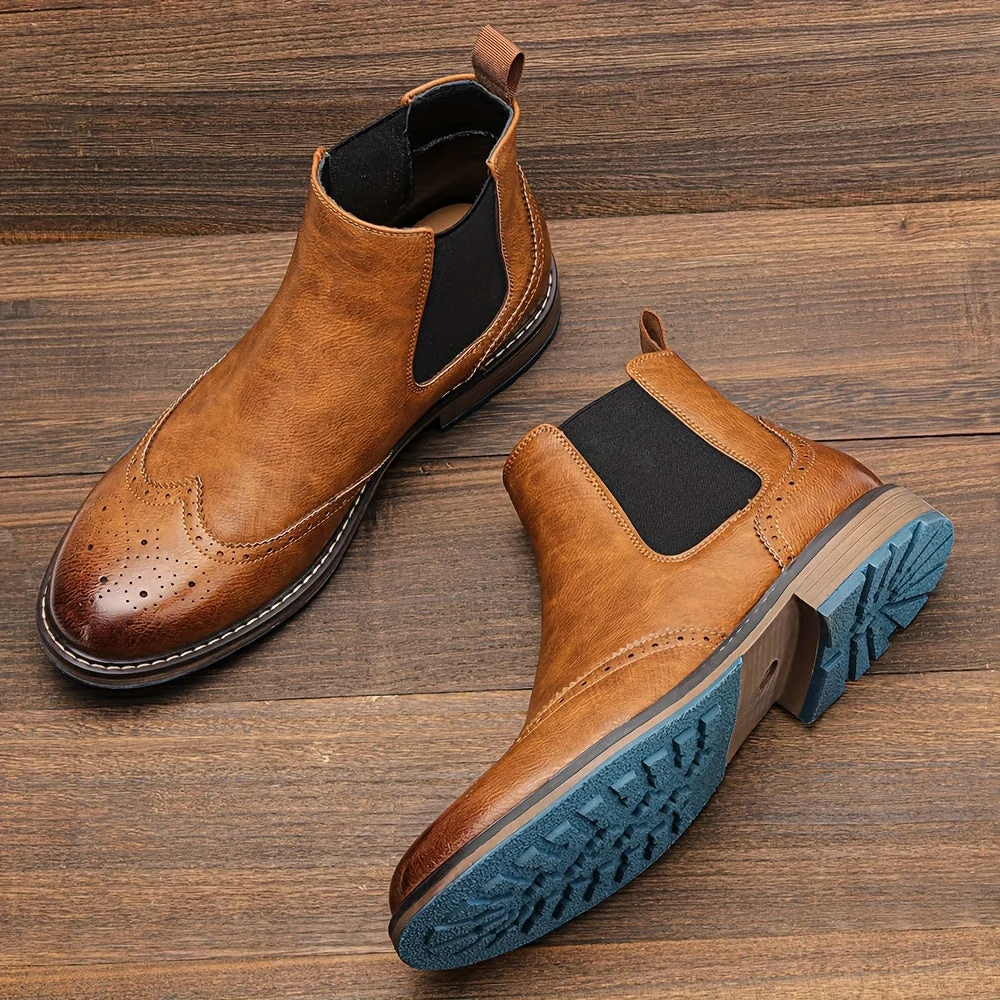 Bottes Chelsea Homme Marron Brogue Détails Perforés Élastiques Latéraux Semelle Bleue - Imagen 3