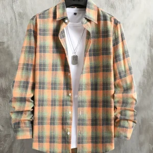 Chemise à carreaux homme, manches longues, orange et gris, style décontracté