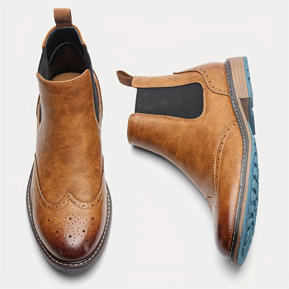 Bottes Chelsea Homme Marron Brogue Détails Perforés Élastiques Latéraux Semelle Bleue - Imagen 4
