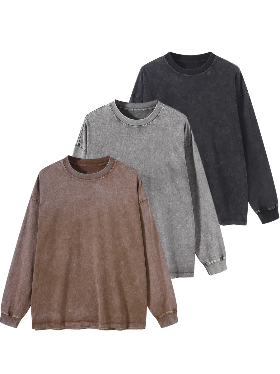 Sweat-shirt unisex lavé col rond décontracté à manches longues effet délavé - Imagen 4