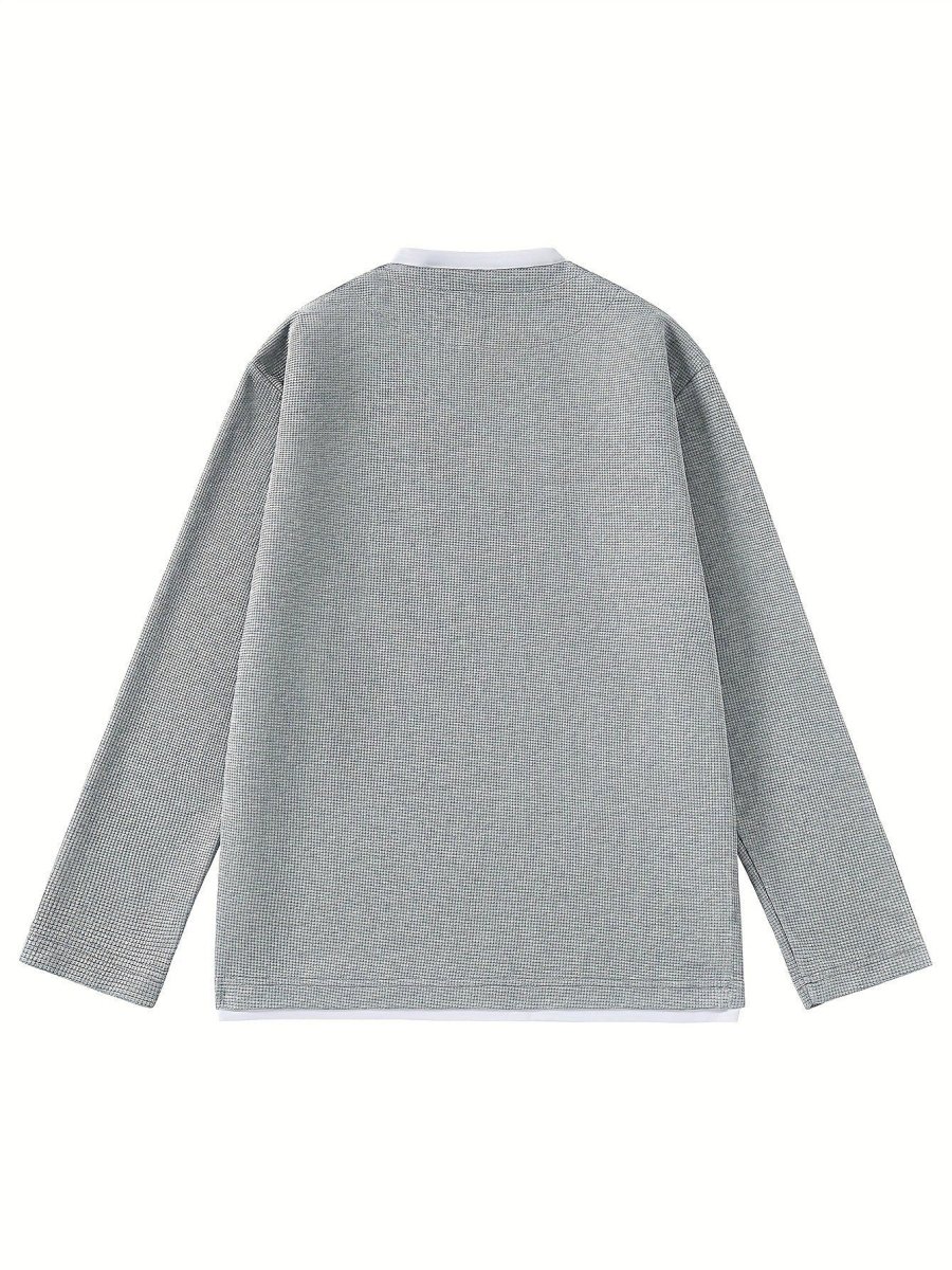 Pull Homme Maille Gaufre Bicolore Col V Manches Longues Gris - Imagen 5