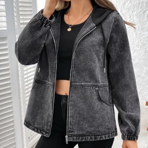 Veste à capuche femme gris délavé zippée poches à rabat