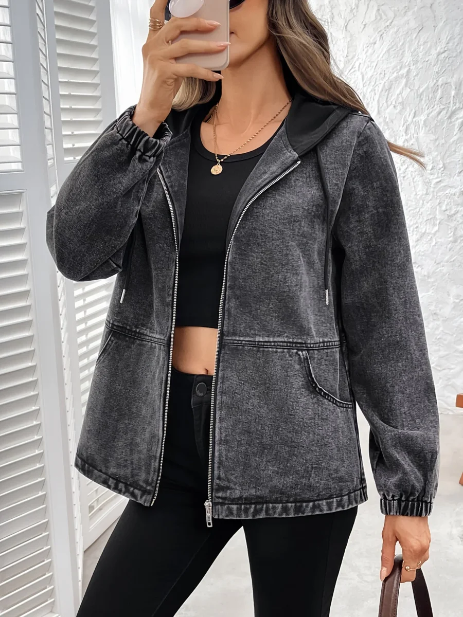 Veste à capuche femme gris délavé zippée poches à rabat - Imagen 2