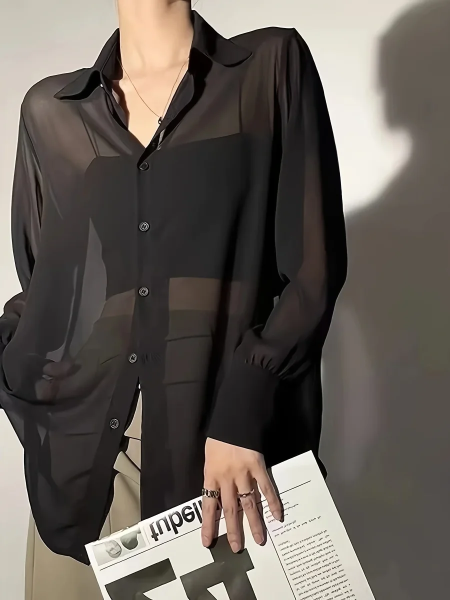 Chemise ample femme style décontracté boutonnée, idéale superposition élégante - Imagen 3