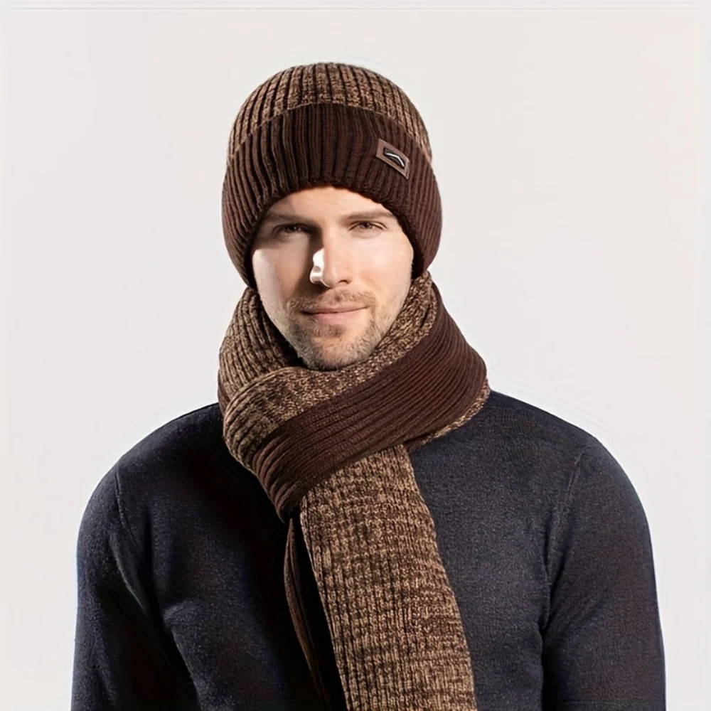 Ensemble hiver bonnet écharpe gants gris chiné tricot doublé polaire pour homme - Imagen 5