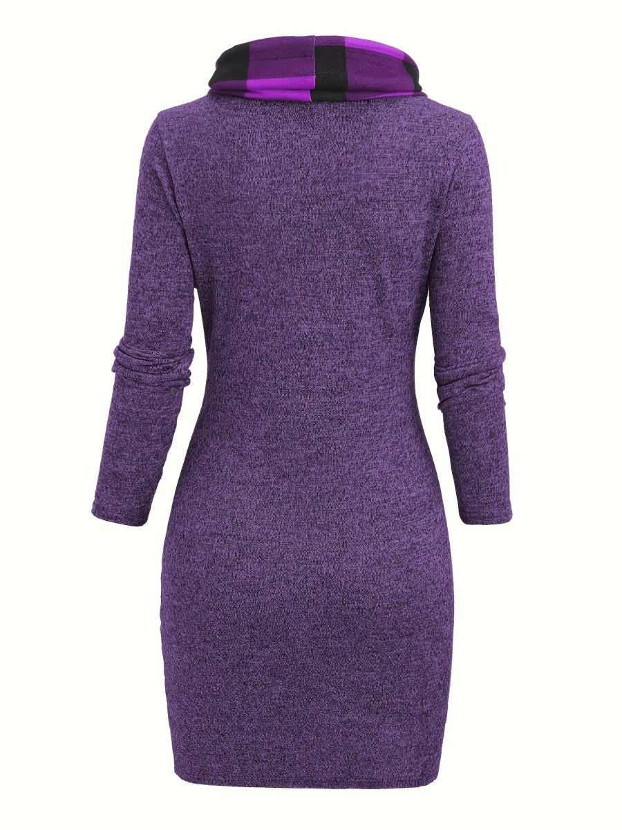 Robe Pull Courte Femme avec Col Cheminée et Motif Carreaux Bicolores - Imagen 7