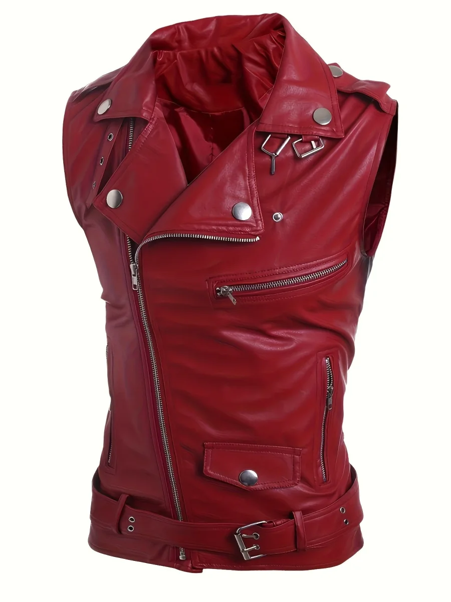 Gilet de style motard en similicuir sans manches avec fermeture éclair asymétrique - Imagen 8