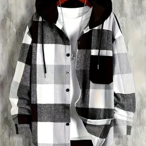 Veste à capuche homme à carreaux noir et blanc à boutonnage simple