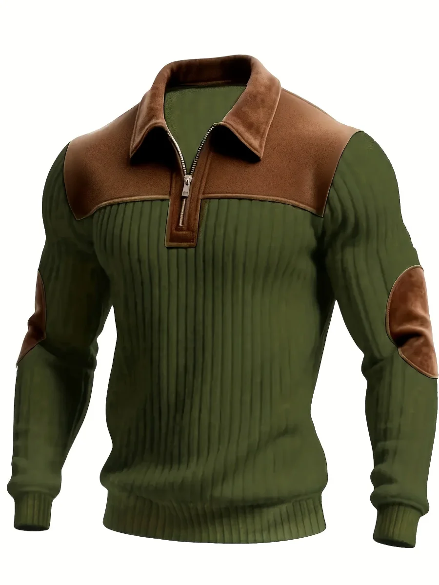 Pull homme côtelé col polo zippé empiècements contrastants coudes et épaules - Imagen 4