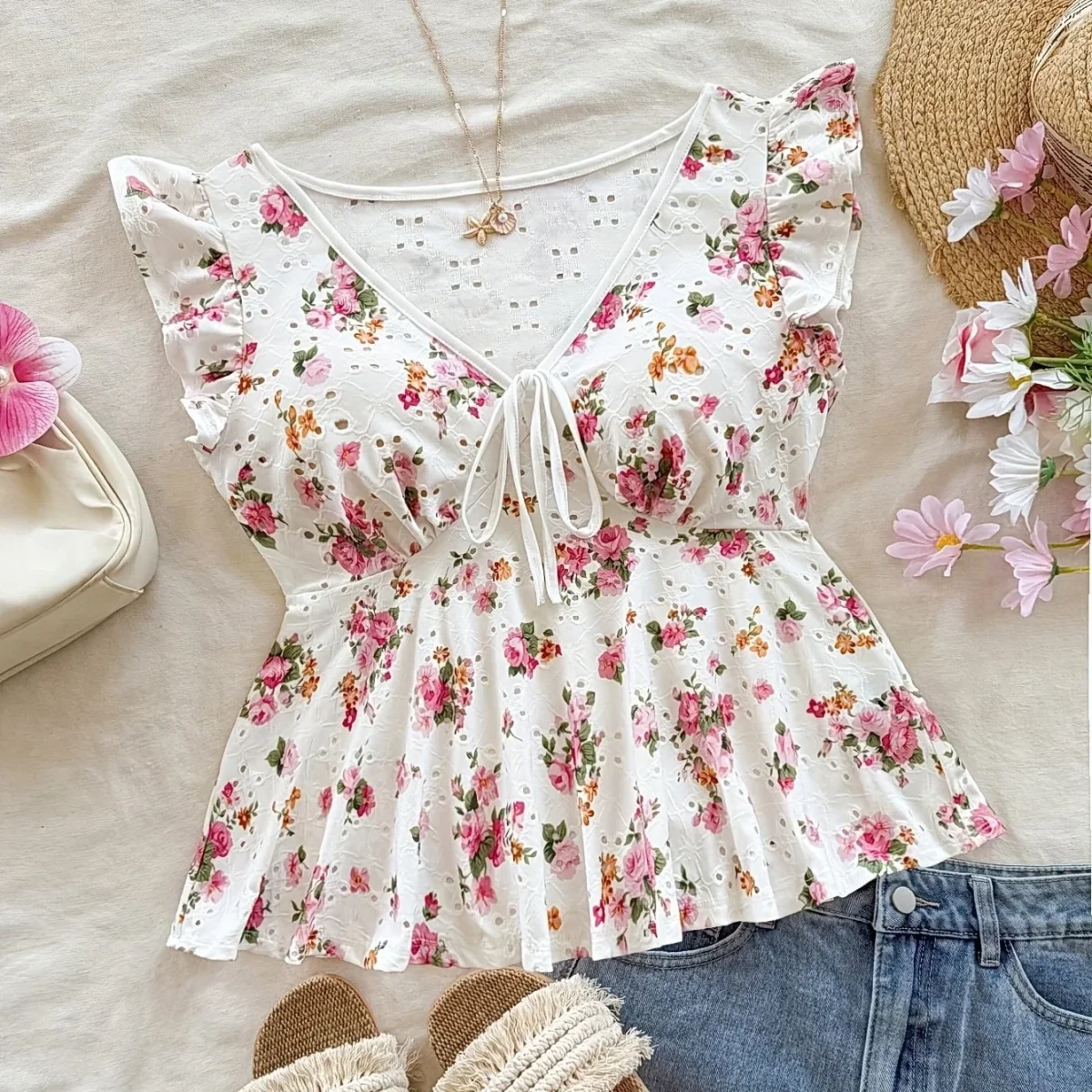 Blouse Femme Style Cottage Peplum à Imprimé Fleuri et Broderie Anglaise – Romantique, Manches Volants, Décolleté Noué - Imagen 8