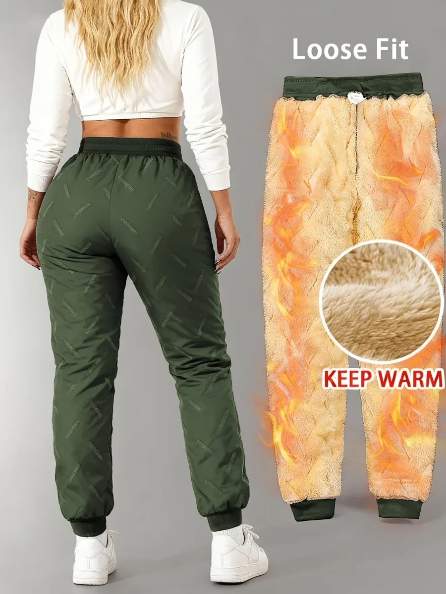 Pantalon de jogging femme doublé polaire chaud à taille élastique - Imagen 2