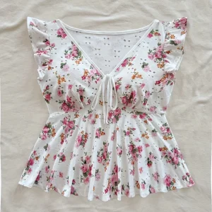 Blouse Femme Style Cottage Peplum à Imprimé Fleuri et Broderie Anglaise – Romantique, Manches Volants, Décolleté Noué