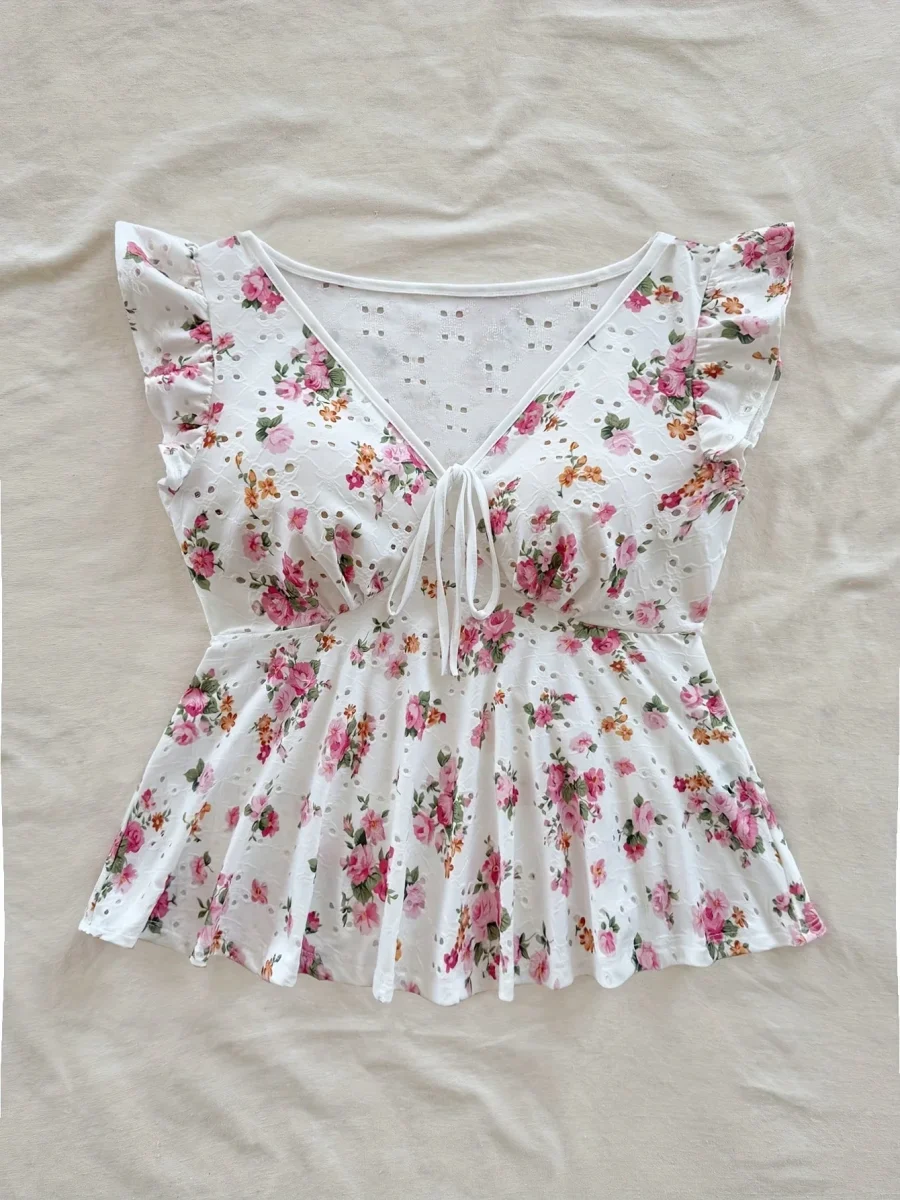 Blouse Femme Style Cottage Peplum à Imprimé Fleuri et Broderie Anglaise – Romantique, Manches Volants, Décolleté Noué
