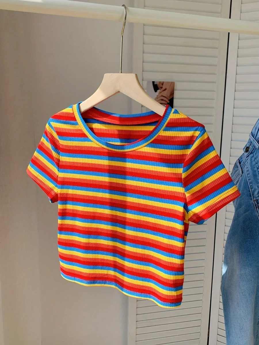 T-shirt rayé à manches courtes pour femme, style décontracté et tendance, parfait pour l'été - Imagen 3