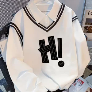 Sweat-shirt Blanc Col Chemise Noir et Blanc Imprimé "HI"
