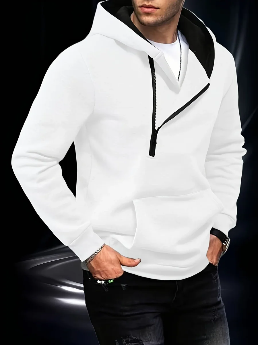 Sweat à Capuche Homme Zippé Asymétrique Couleur Unie avec Poche Kangourou - Imagen 2