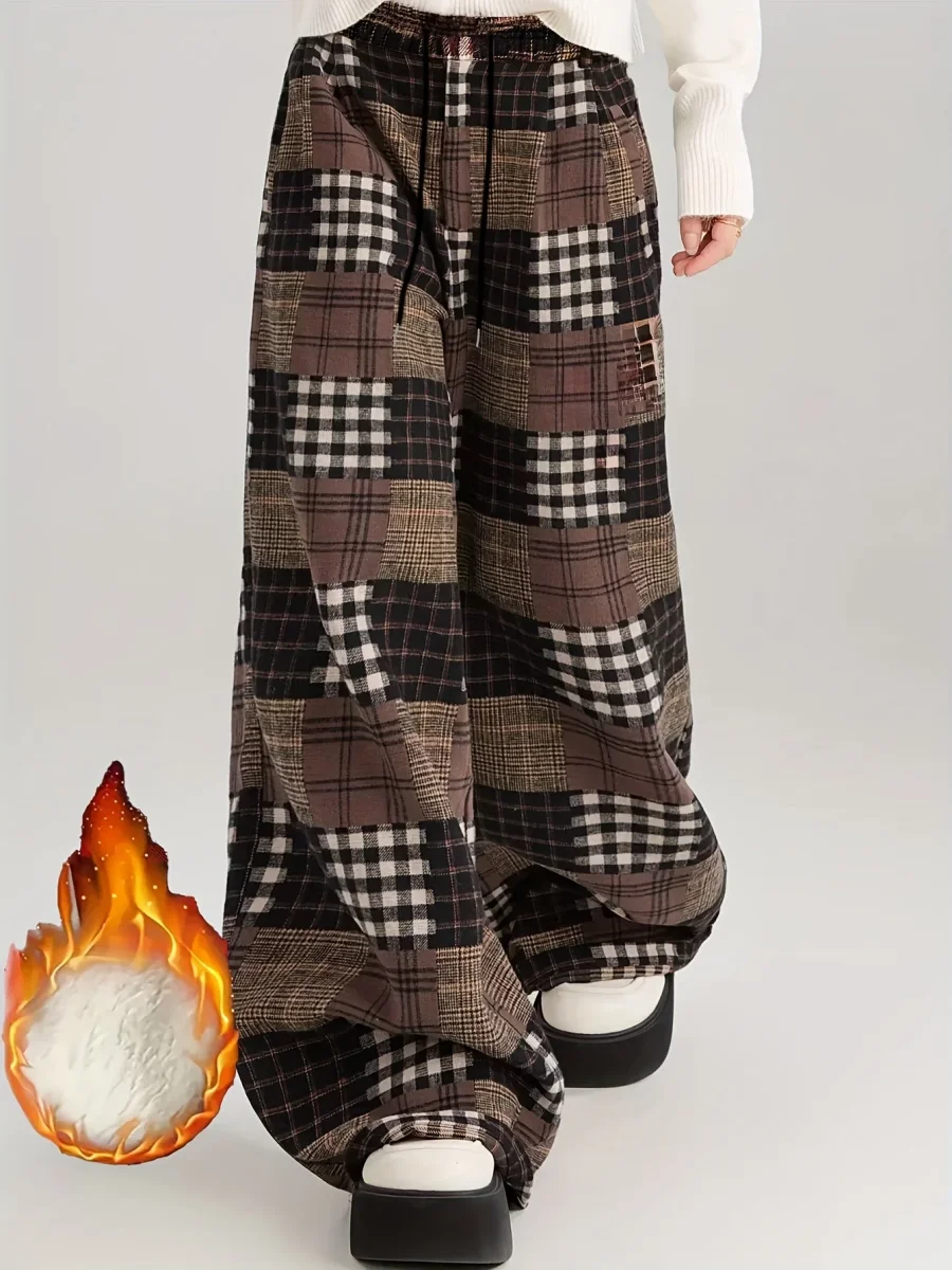Pantalon large à carreaux style patchwork marron doublé doux