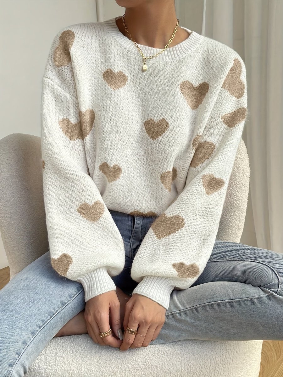 Pull col rond ample en maille blanc avec cœurs beiges