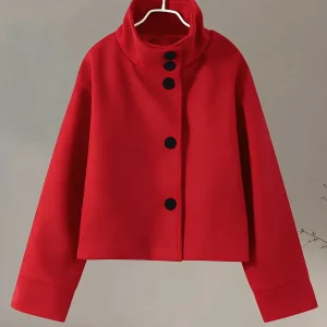 Veste courte femme col montant boutonnée décontractée couleur unie