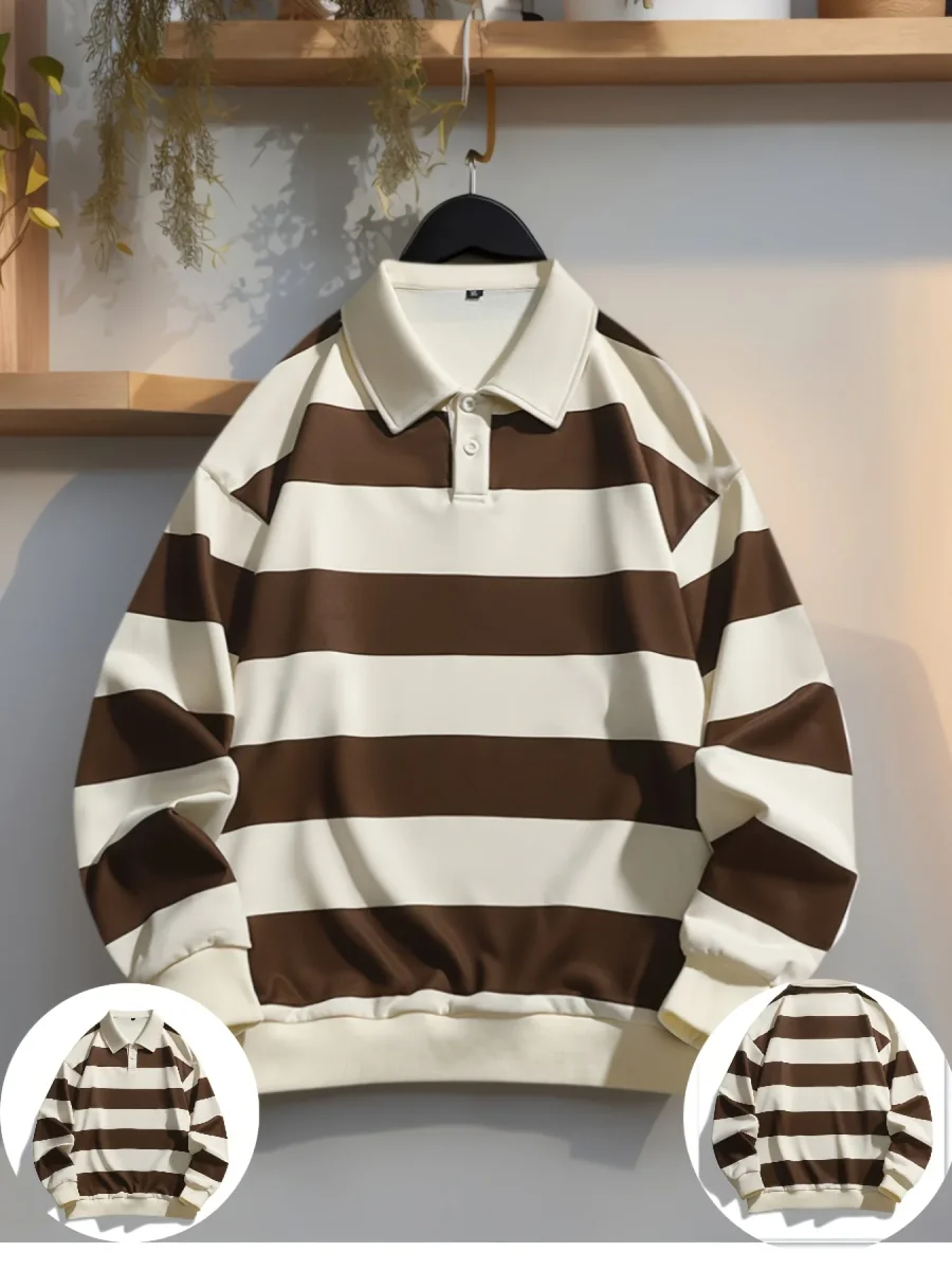 Polo manches longues à rayures horizontales marron et blanc cassé pour homme - Imagen 4