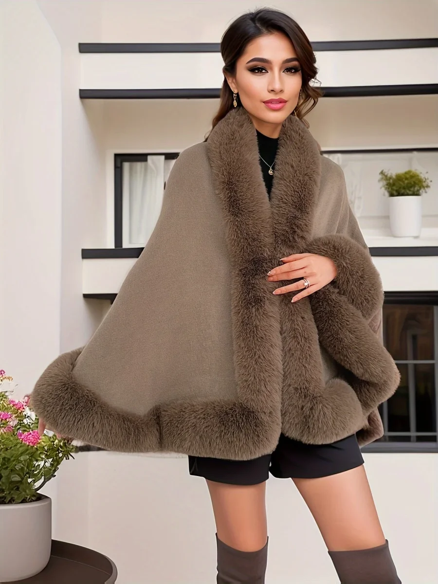 Cape poncho femme ample avec col et bordures en fausse fourrure pour hiver élégant - Imagen 6