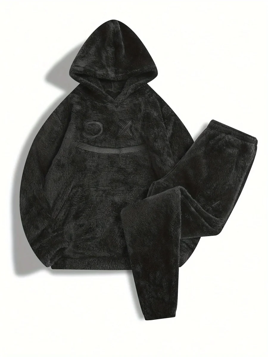 Ensemble Homme Doux Noir à Capuche et Pantalon Motif Géométrique Relief - Imagen 4
