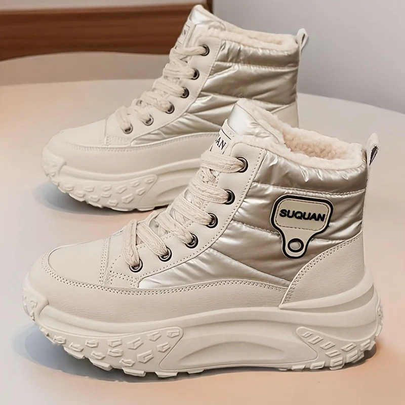 Bottes montantes femme fourrées crème brillantes lacets semelle épaisse - Imagen 2
