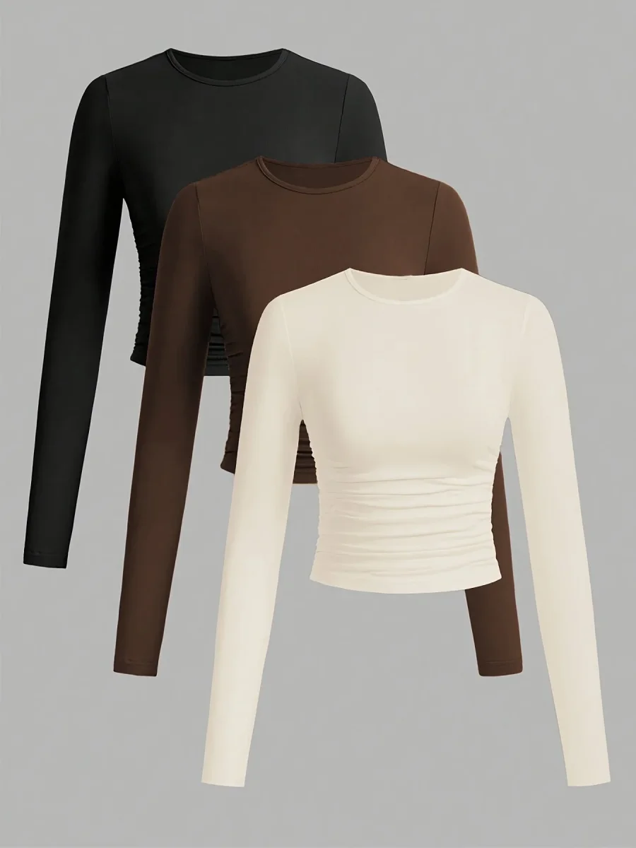 Lot de 3 Crop Tops Femme Manches Longues Col Rond Froncé - Imagen 3