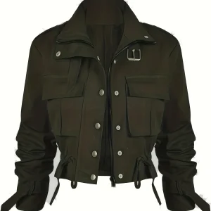 Veste Courte Cargo pour Femme à Boutons et Ceinture Boucle Couleur Unie