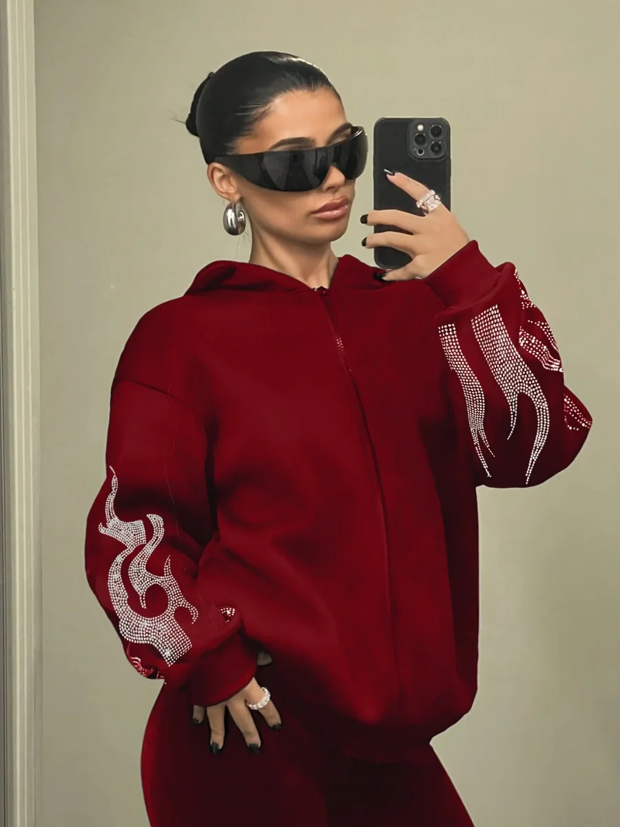 Sweat à Capuche Femme Décontracté Noir Flammé Strass Manches Longues - Imagen 6