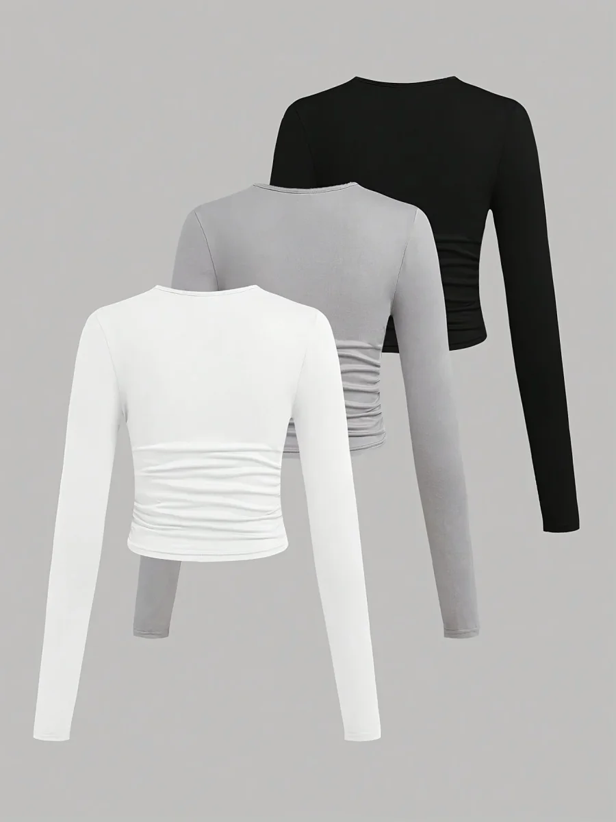 Lot de 3 Crop Tops Femme Manches Longues Col Rond Froncé - Imagen 7